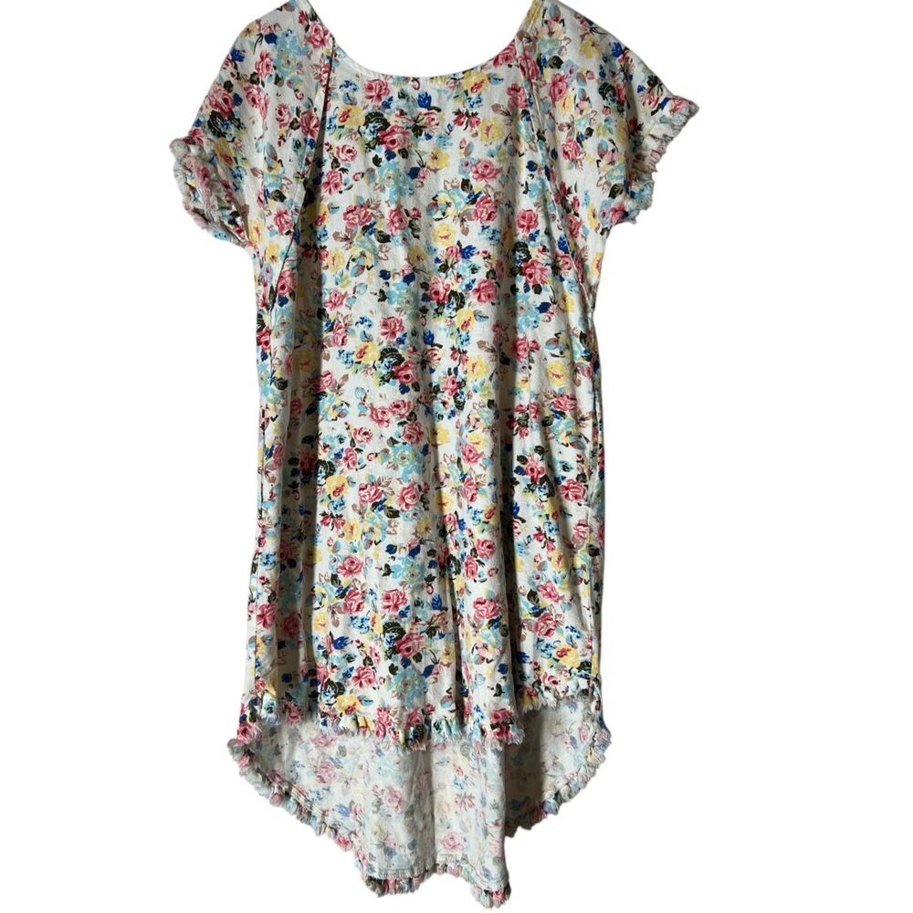 Umgee Linen Blend Floral Midi Dress Womens Sz S Boho Raw Hem Fringe Western
